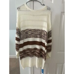 Cupshe Striped Knit Sweater Dress Brown Cream Long Sleeve Open Weave NWT